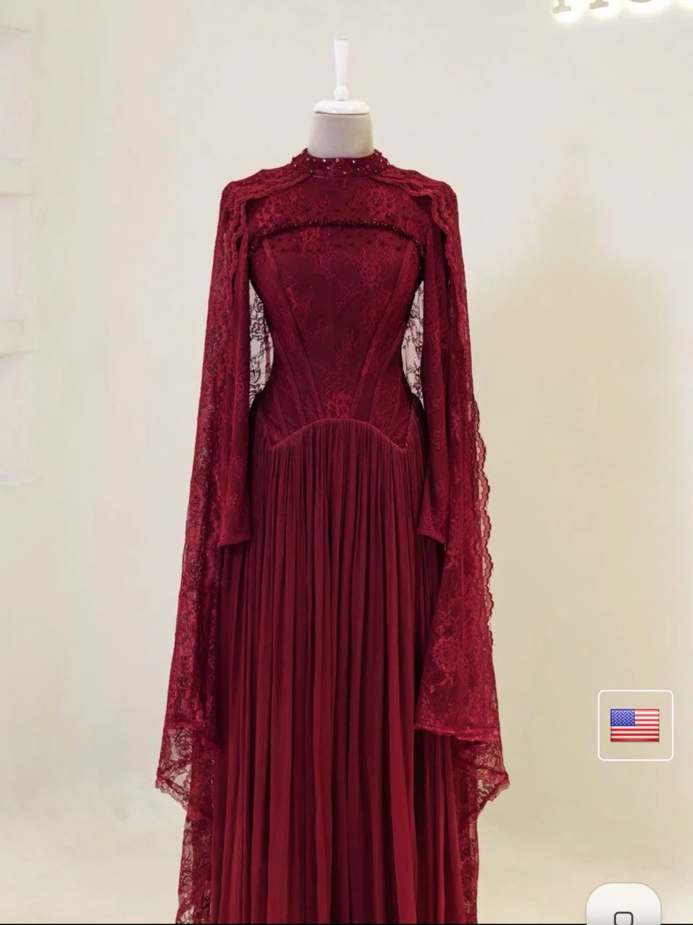 Elegant Burgundy Corset Lace Evening Gown - High Neck, Long Draped Sleeves